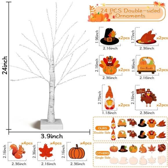 [Timer] Thanksgiving Birch Tree Lights, 24" Lighted Birch Tree with 24 PCS Fall - Picture 3 of 7